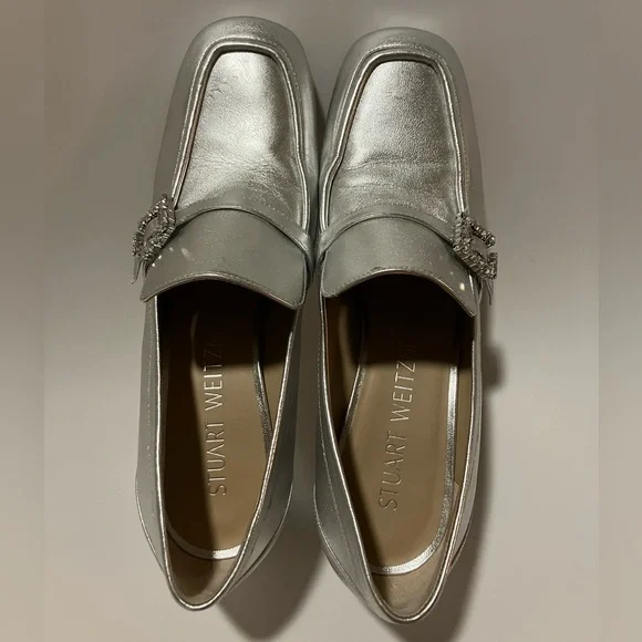 Stuart Weitzman Silver geo Loafers heels with Crystal Buckle 10.5 - Picture 3 of 6